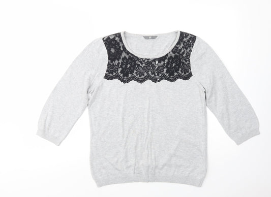 BHS Womens Grey Scoop Neck  Cotton Pullover Jumper Size 14   - Lace Detail