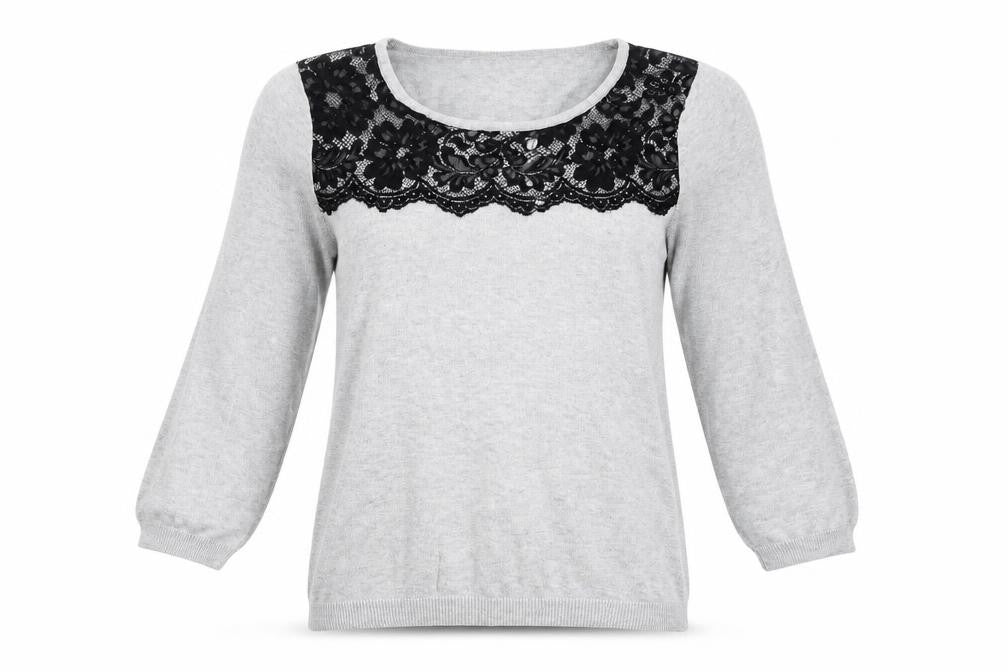 Front view of BHS women’s grey scoop neck cotton jumper, size UK 14, - lace detail