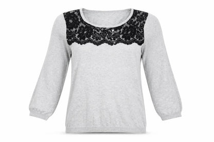 Front view of BHS women’s grey scoop neck cotton jumper, size UK 14, - lace detail