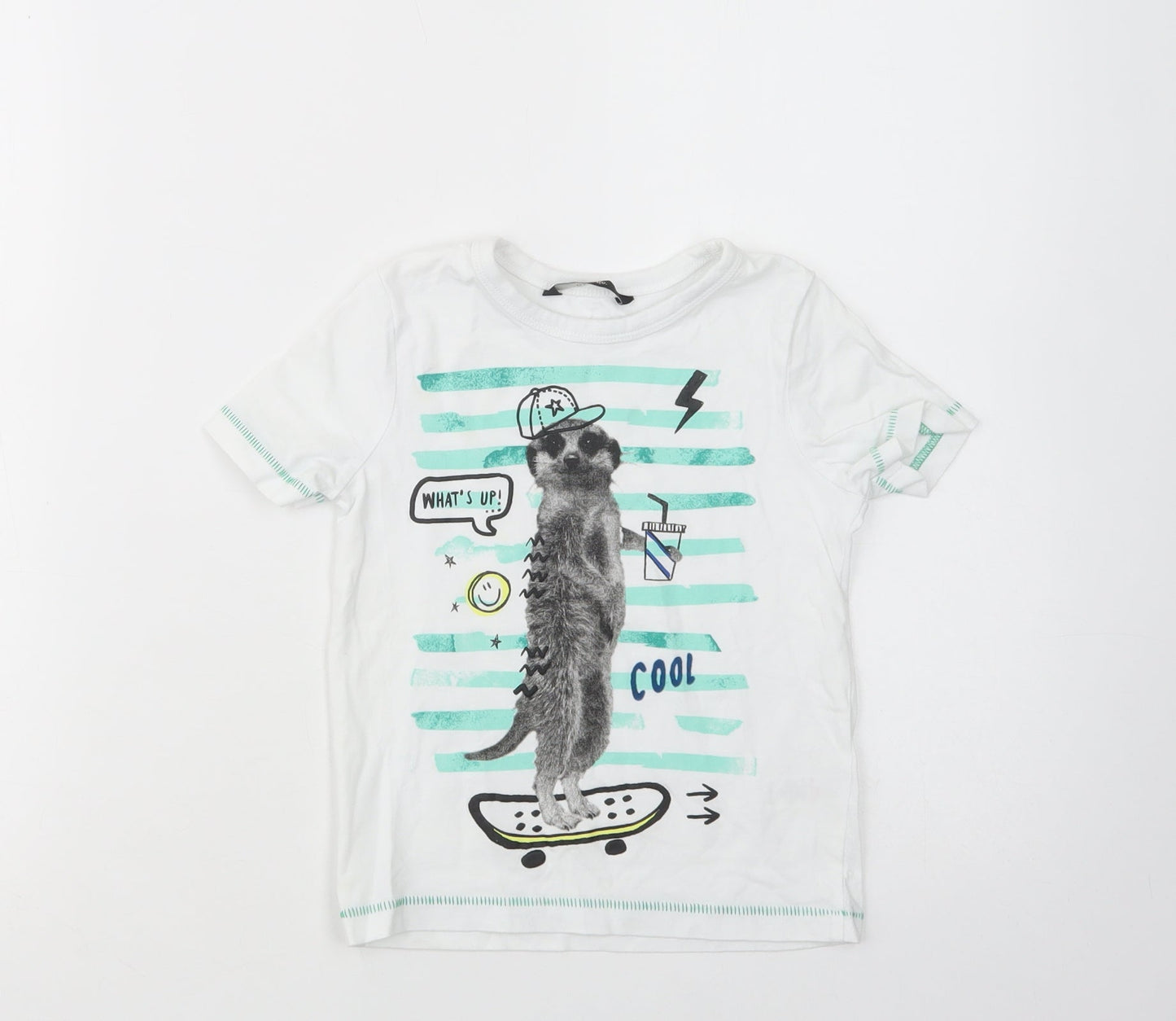 George Girls White  Cotton Basic T-Shirt Size 2-3 Years Crew Neck Pullover - Meerkat