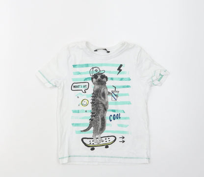 George Girls White  Cotton Basic T-Shirt Size 2-3 Years Crew Neck Pullover - Meerkat
