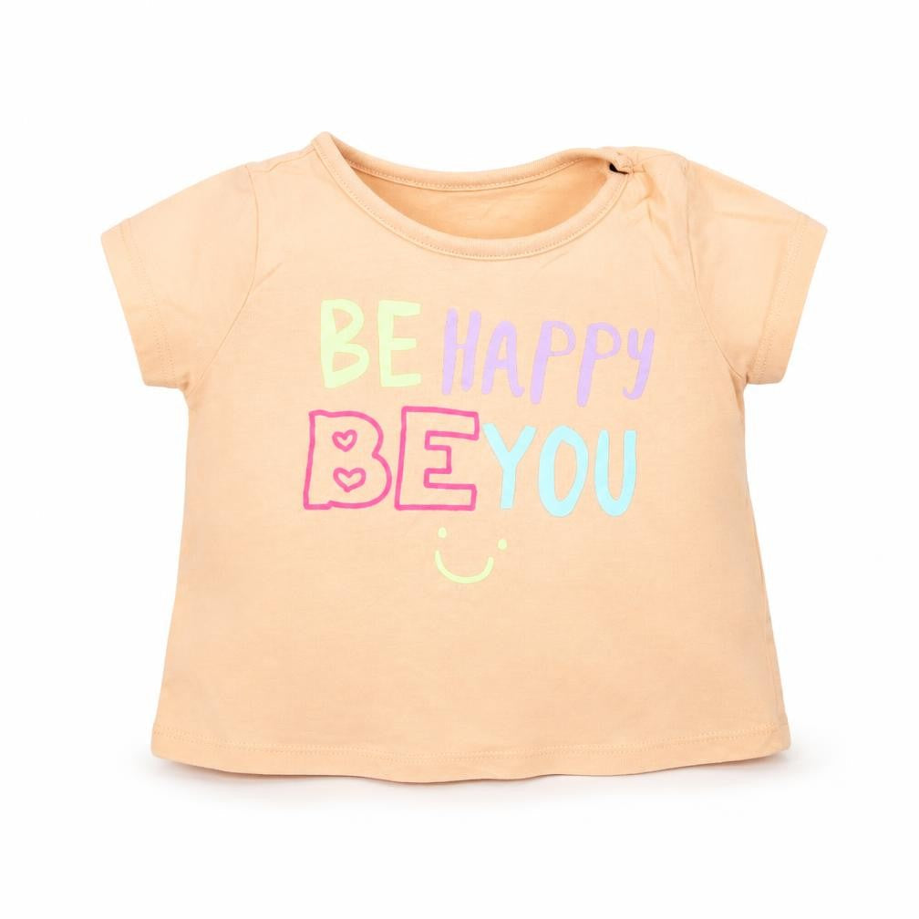 Front view of Dunnes Baby Pink Cotton Basic T-Shirt, size 9-12, Months Crew Neck Pullover - Be Happy