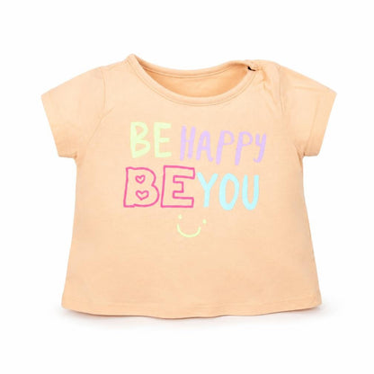 Front view of Dunnes Baby Pink Cotton Basic T-Shirt, size 9-12, Months Crew Neck Pullover - Be Happy