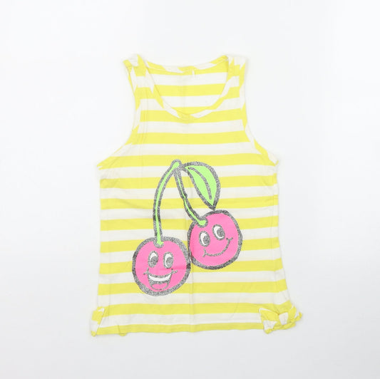 George Girls Yellow Striped Cotton Basic Tank Size 8-9 Years Scoop Neck  - Cherries