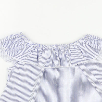 Dunnes Stores Girls Blue Striped Polyester Basic Casual Size 9-10 Years Off the Shoulder