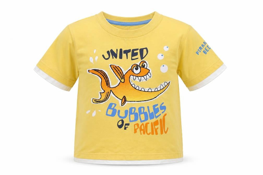 Front view of Dunnes boys’ yellow cotton basic t-shirt, size 3-4, years round neck - fish