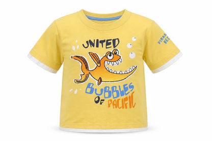 Front view of Dunnes boys’ yellow cotton basic t-shirt, size 3-4, years round neck - fish