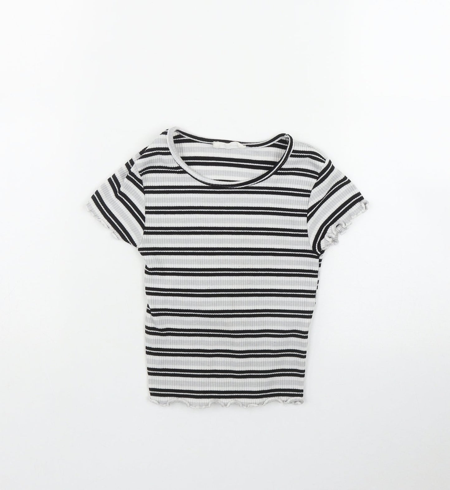 Primark Girls Grey Striped Polyester Basic T-Shirt Size 7-8 Years Round Neck