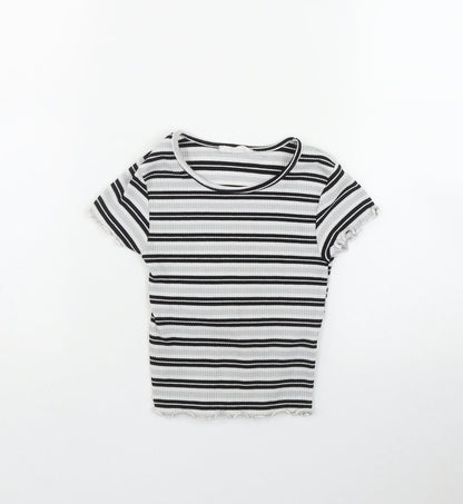 Primark Girls Grey Striped Polyester Basic T-Shirt Size 7-8 Years Round Neck