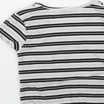 Primark Girls Grey Striped Polyester Basic T-Shirt Size 7-8 Years Round Neck