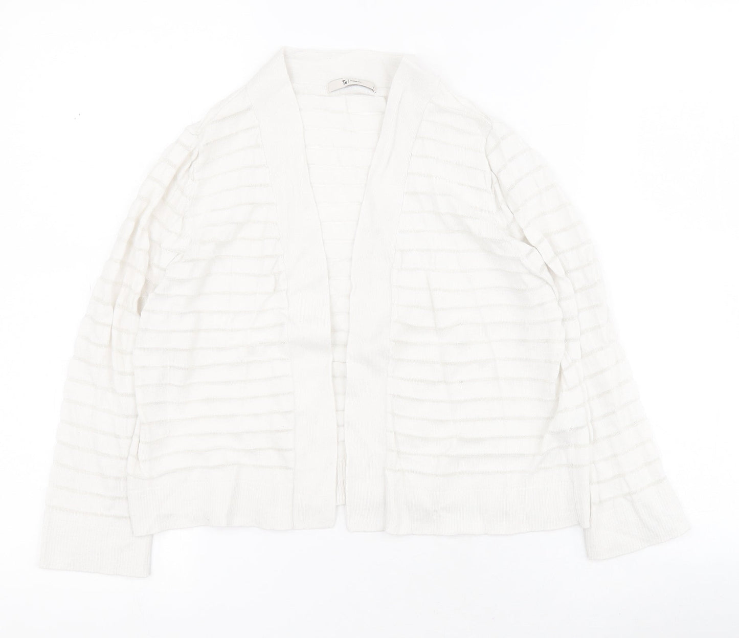 TU Womens White V-Neck Striped Cotton Shrug Jumper Size 8