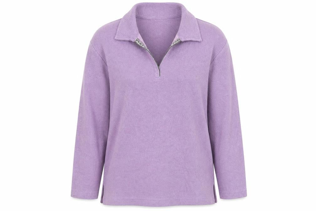 Front view of Debenhams women’s purple high neck polyester jumper, size UK 12