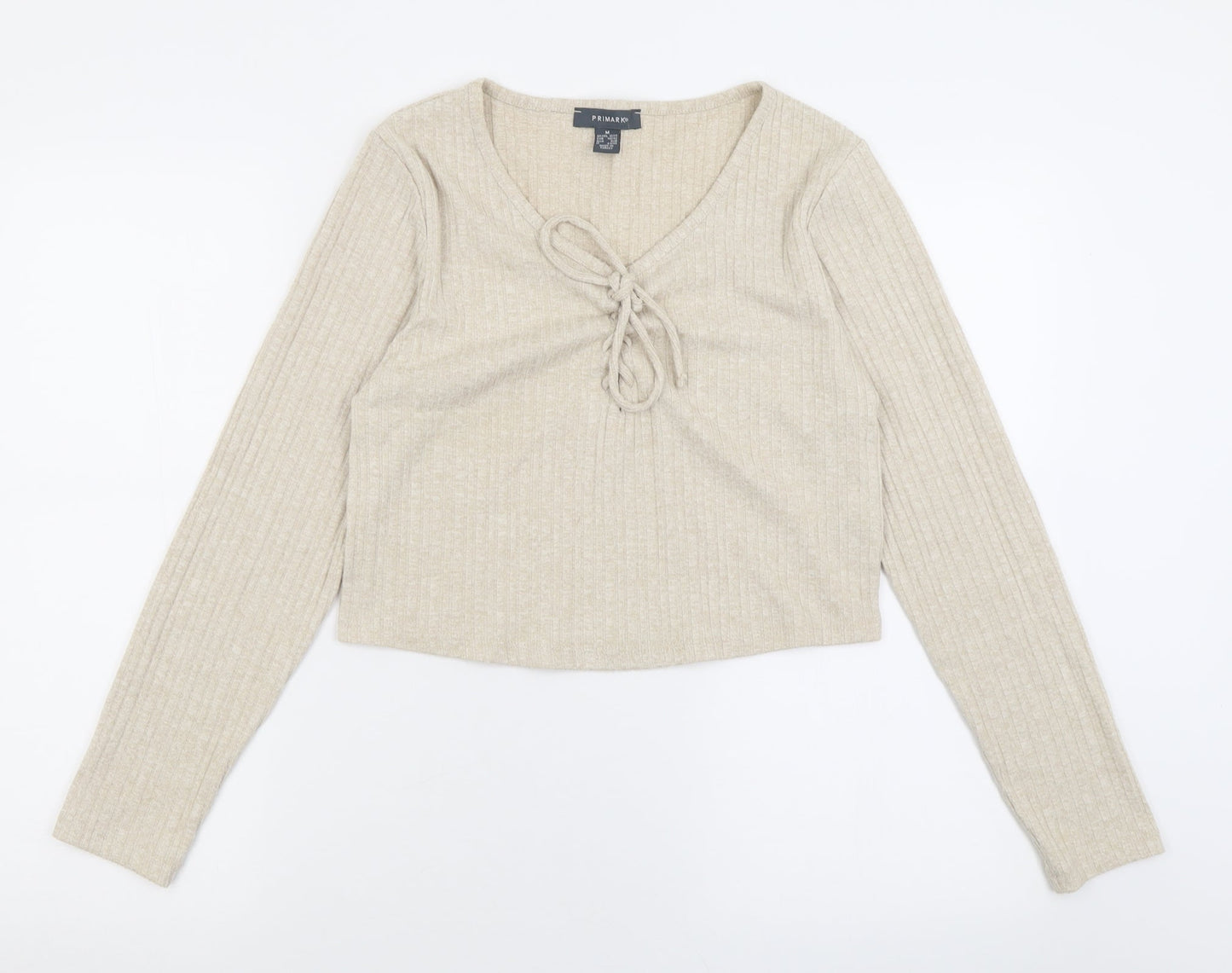 Primark Womens Beige  Viscose Cropped T-Shirt Size M V-Neck