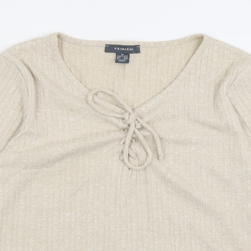 Primark Womens Beige  Viscose Cropped T-Shirt Size M V-Neck