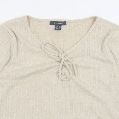 Primark Womens Beige  Viscose Cropped T-Shirt Size M V-Neck