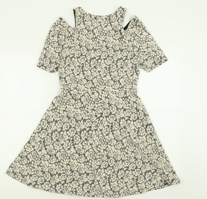 Topshop Womens Ivory Floral Cotton Fit & Flare  Size 12  Crew Neck Pullover - Cold Shoulder