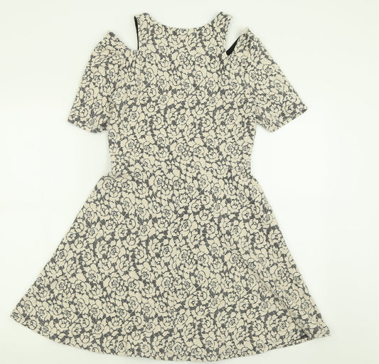Topshop Womens Ivory Floral Cotton Fit & Flare  Size 12  Crew Neck Pullover - Cold Shoulder