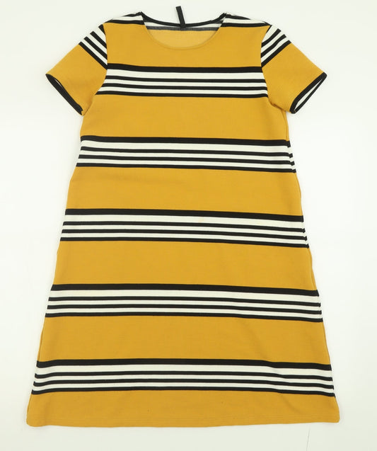 Stradivarius Womens Yellow Striped Polyester A-Line  Size M  Crew Neck Pullover