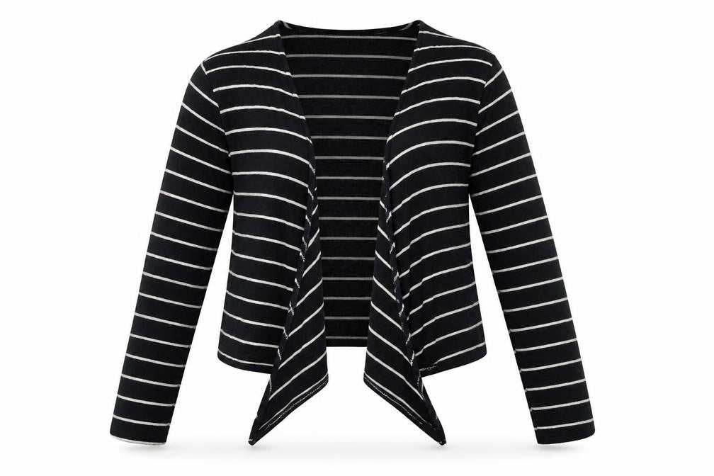 Front view of Primark women’s blue v-neck striped polyester cardigan jumper, size L, - waterfall cardigan