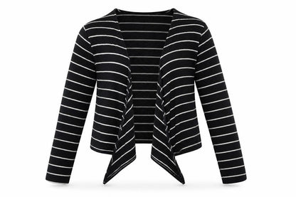Front view of Primark women’s blue v-neck striped polyester cardigan jumper, size L, - waterfall cardigan