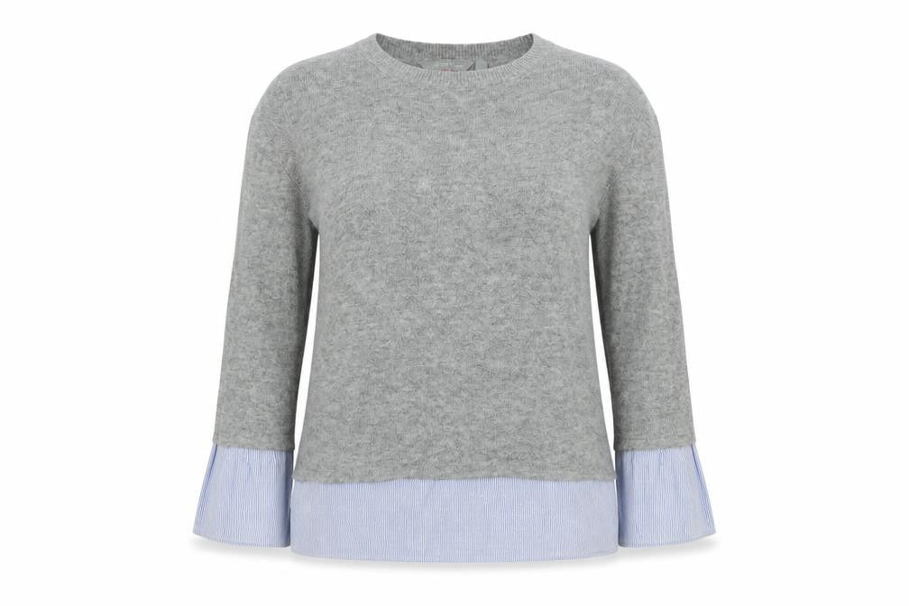 Front view of Dorothy Perkins women’s grey crew neck acrylic jumper, size UK 8