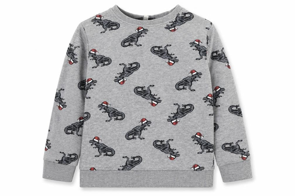Front view of Urban Rascals boys’ grey cotton pullover sweatshirt, size 5-6, years pullover - christmas- dinosaur