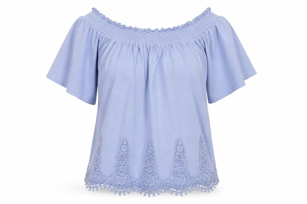 Front view of George women’s blue cotton jersey blouse, size UK 8, off the shoulder