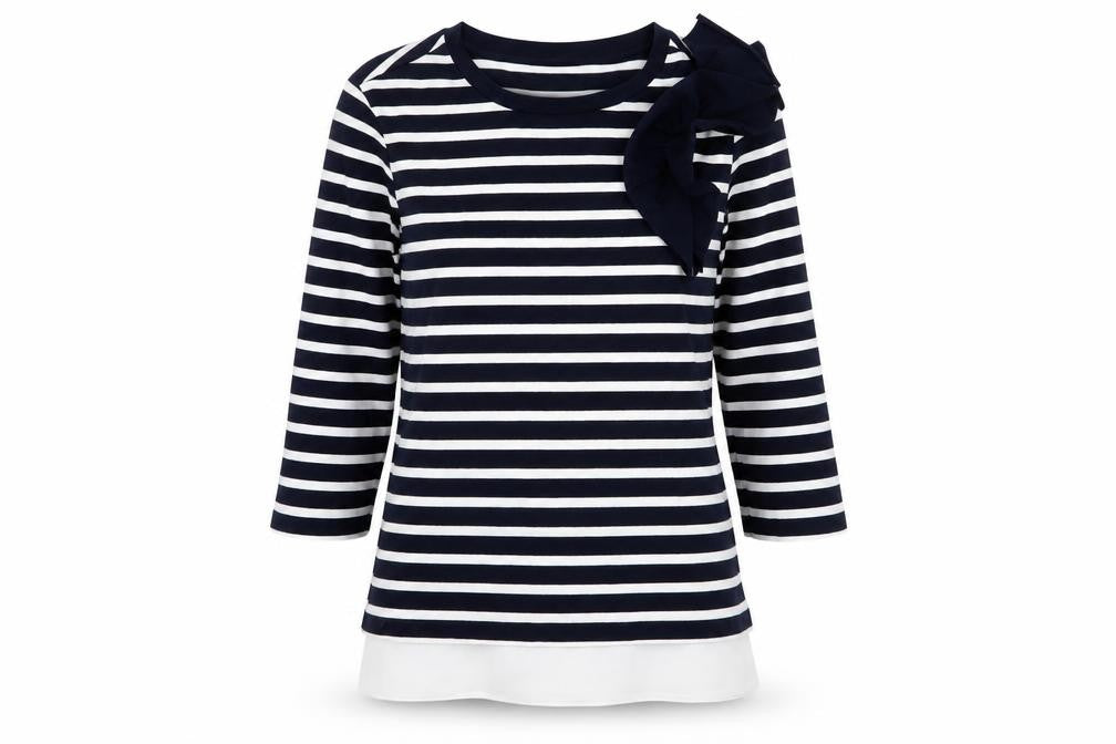 Front view of Savida women’s blue striped cotton jersey t-shirt, size S, round neck
