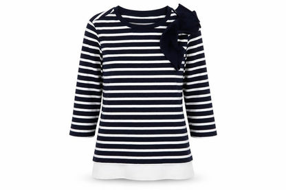 Front view of Savida women’s blue striped cotton jersey t-shirt, size S, round neck