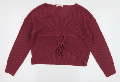 Jolie & Joy Womens Pink V-Neck  Acrylic Pullover Jumper Size L   - Cropped Tie detail