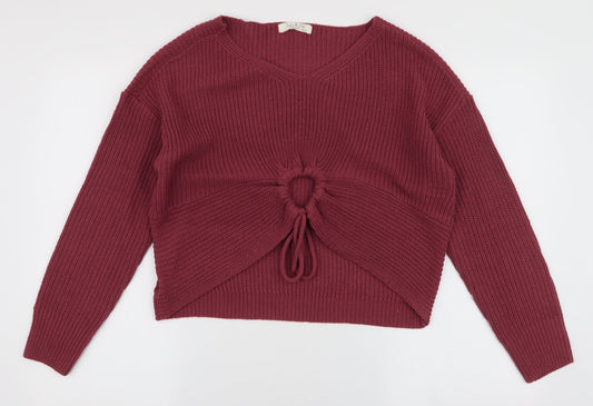 Jolie & Joy Womens Pink V-Neck  Acrylic Pullover Jumper Size L   - Cropped Tie detail