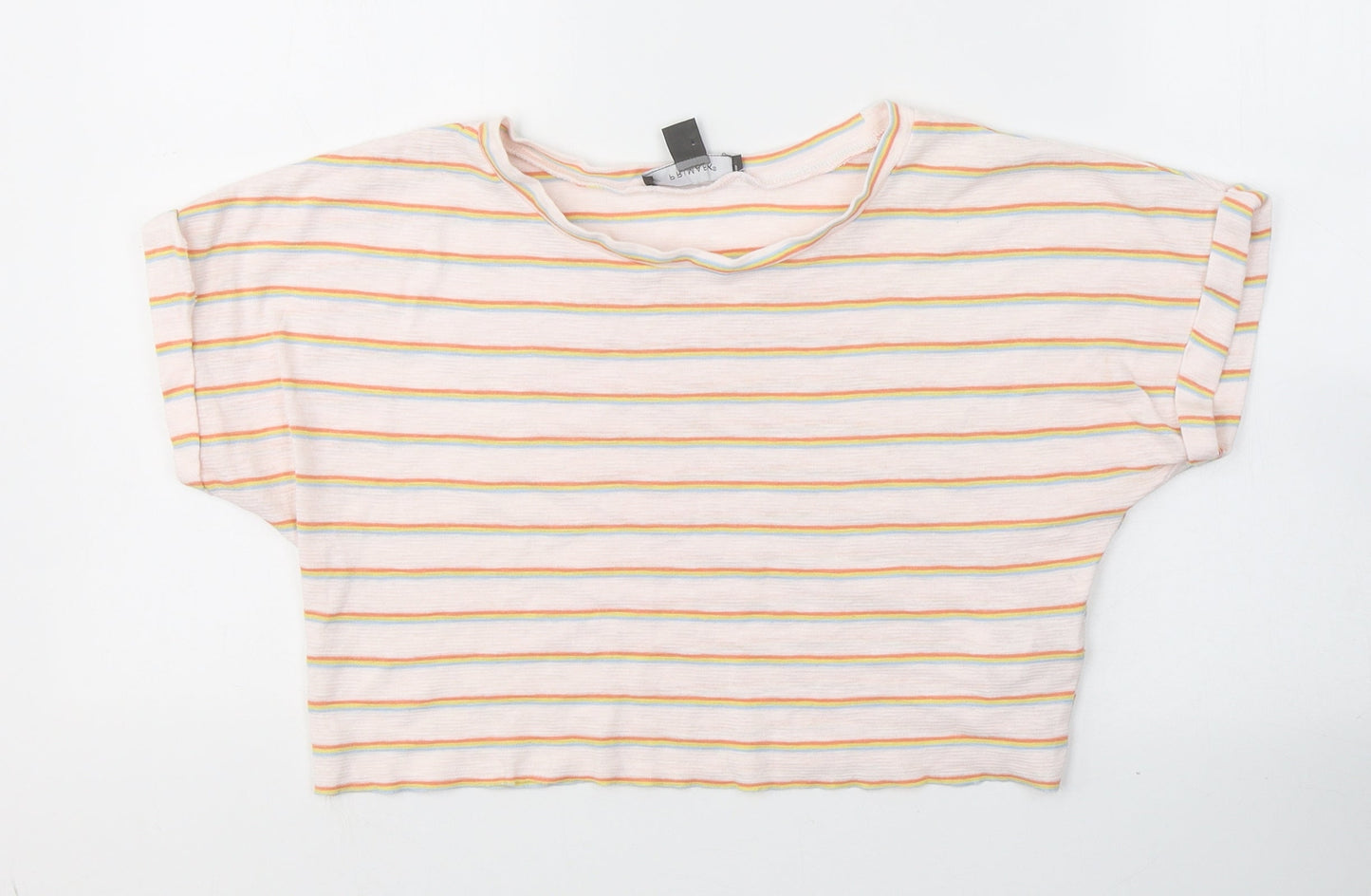 Primark Womens Pink Striped Cotton Cropped T-Shirt Size 6 Round Neck