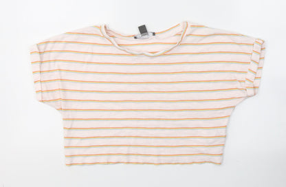 Primark Womens Pink Striped Cotton Cropped T-Shirt Size 6 Round Neck