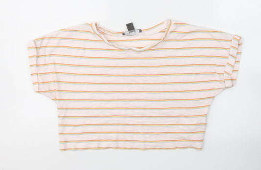 Primark Womens Pink Striped Cotton Cropped T-Shirt Size 6 Round Neck