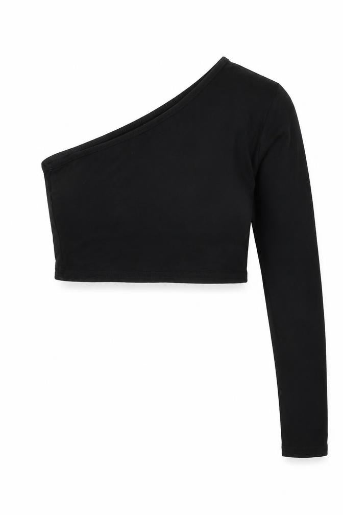 Front view of PRETTYLITTLETHING women’s black viscose cropped blouse, size UK 6, one shoulder