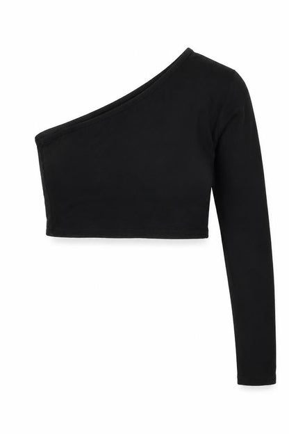 Front view of PRETTYLITTLETHING women’s black viscose cropped blouse, size UK 6, one shoulder