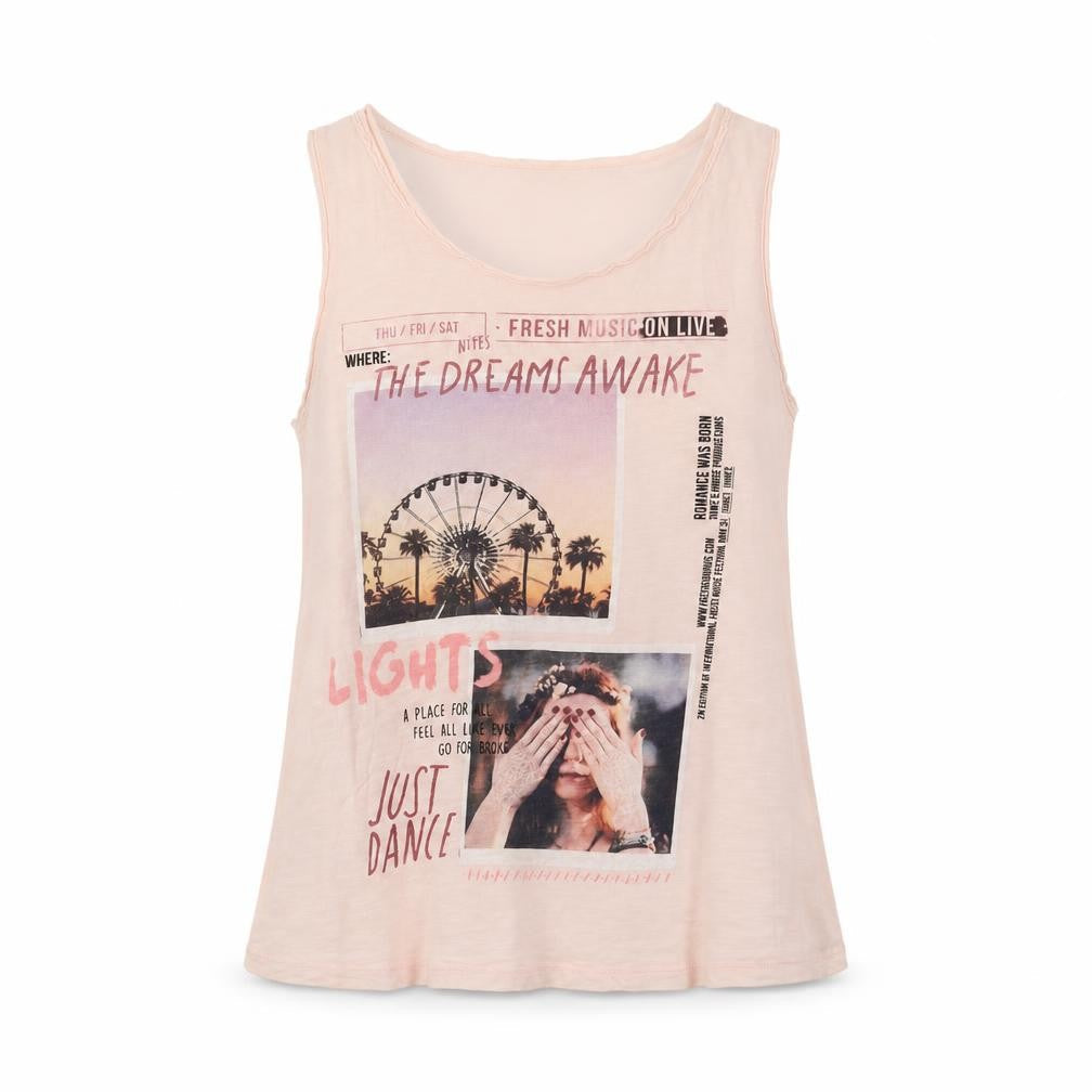 Front view of Stradivarius women’s pink cotton basic tank, size S, round neck - dreams awake, just dance, festival