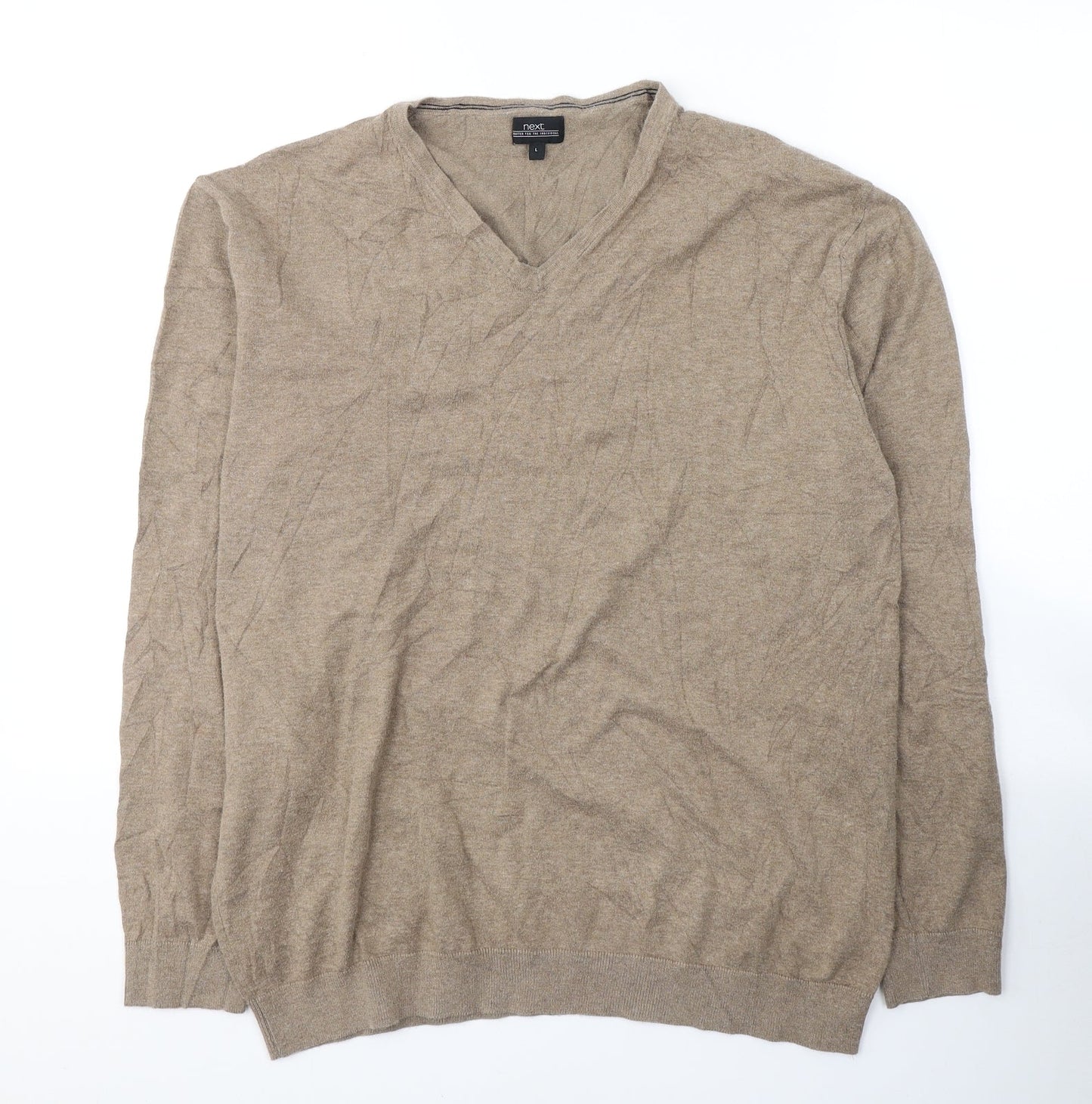 NEXT Mens Brown V-Neck  Cotton Pullover Jumper Size L