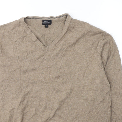 NEXT Mens Brown V-Neck  Cotton Pullover Jumper Size L