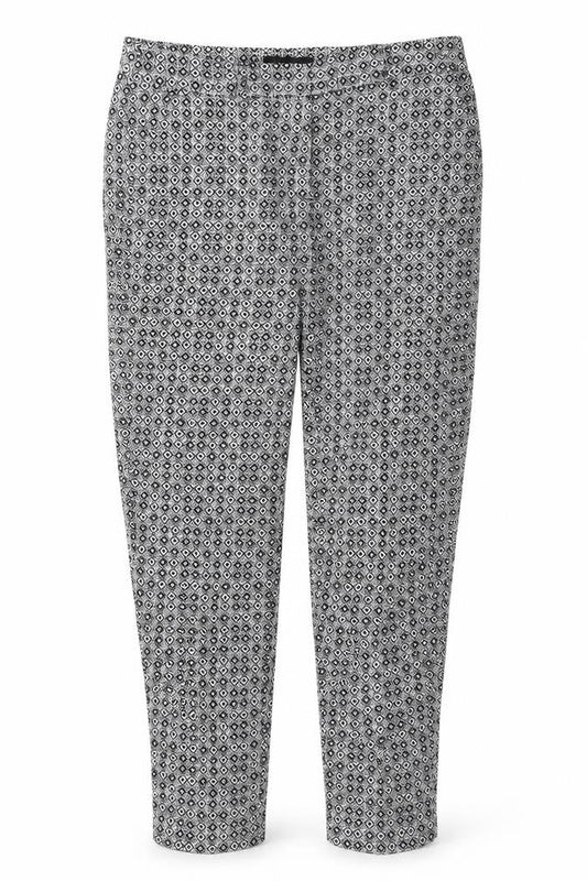 Front view of Atmosphere women’s white geometric polyester trousers, size UK 8, 26-inch leg regular button