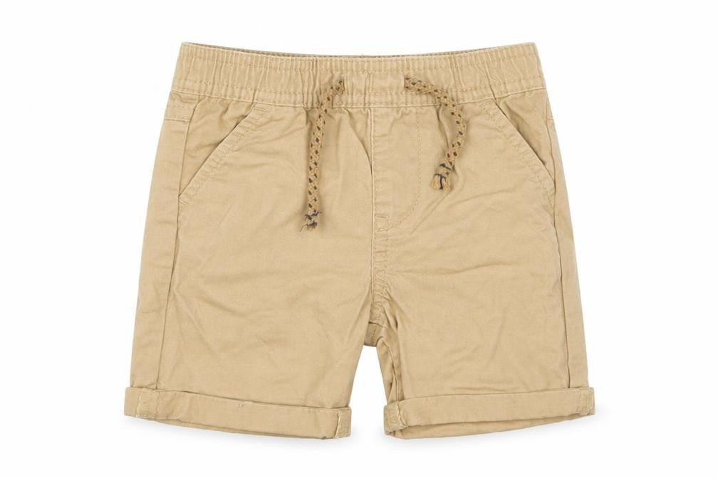 Front view of Primark boys’ beige cotton cropped trousers, size 6-9, months drawstring