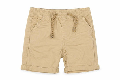 Front view of Primark boys’ beige cotton cropped trousers, size 6-9, months drawstring