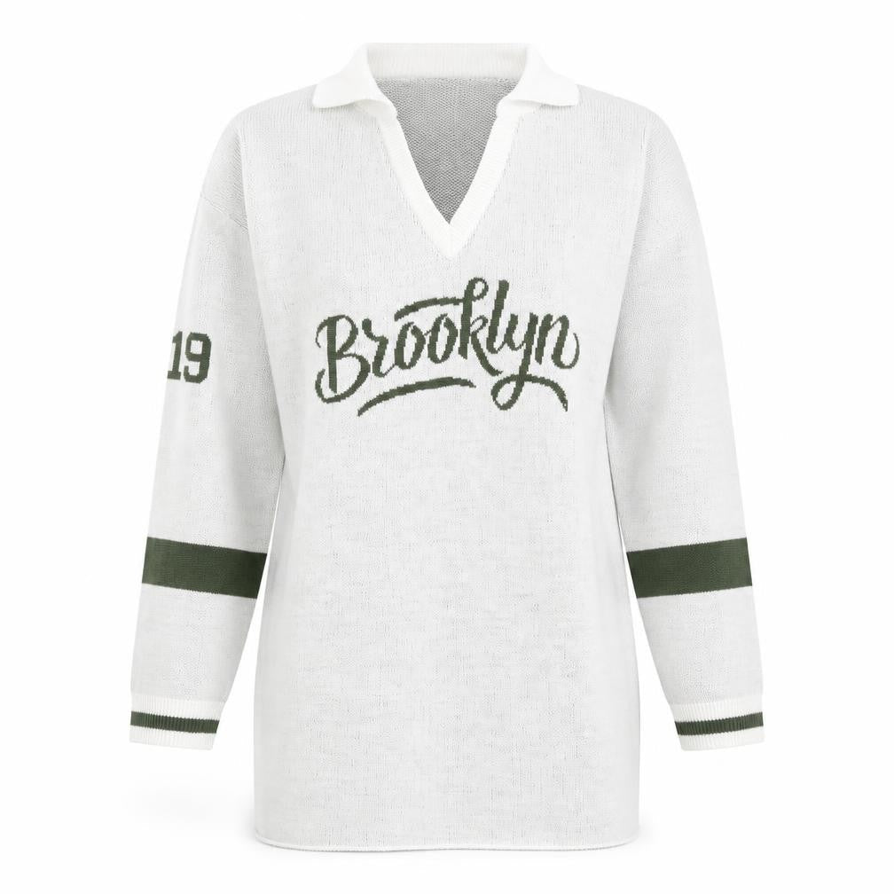 Front view of I SAW IT FIRST women’s grey v-neck acrylic jumper, size XS, - brooklyn, longline