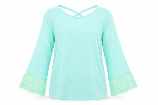 Front view of Paramour women’s blue polyester basic t-shirt, size M, round neck - lace trim lseeve