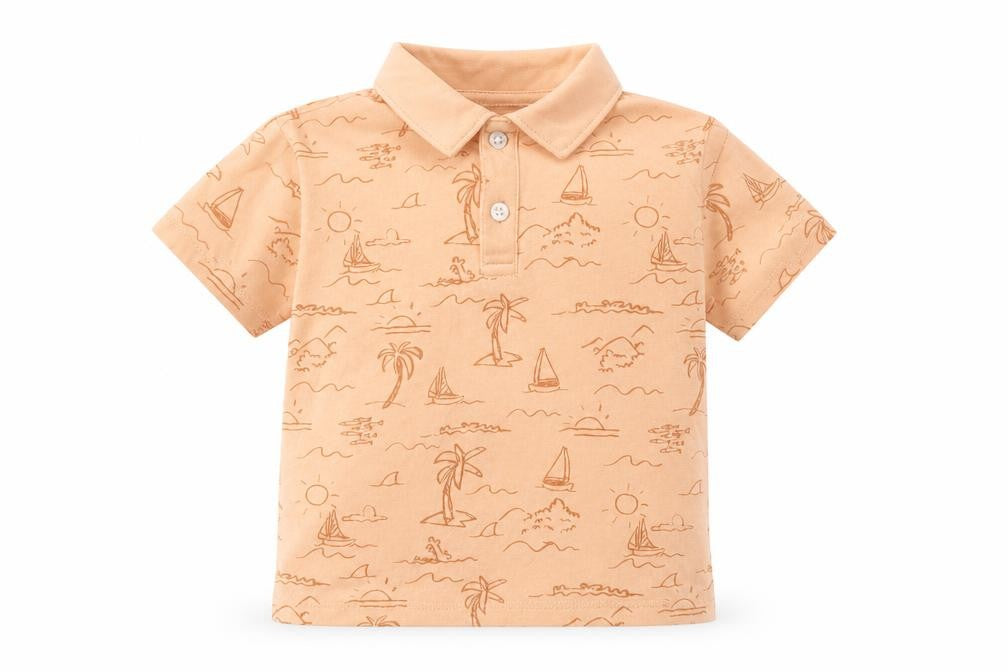 Front view of H&M boys’ orange geometric cotton pullover polo, size 3, years collared button