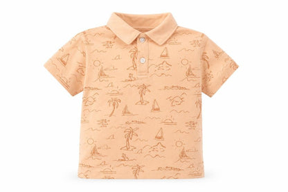 Front view of H&M boys’ orange geometric cotton pullover polo, size 3, years collared button