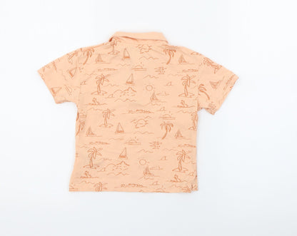 Back view of H&M boys’ orange geometric cotton pullover polo, size 3, years collared button