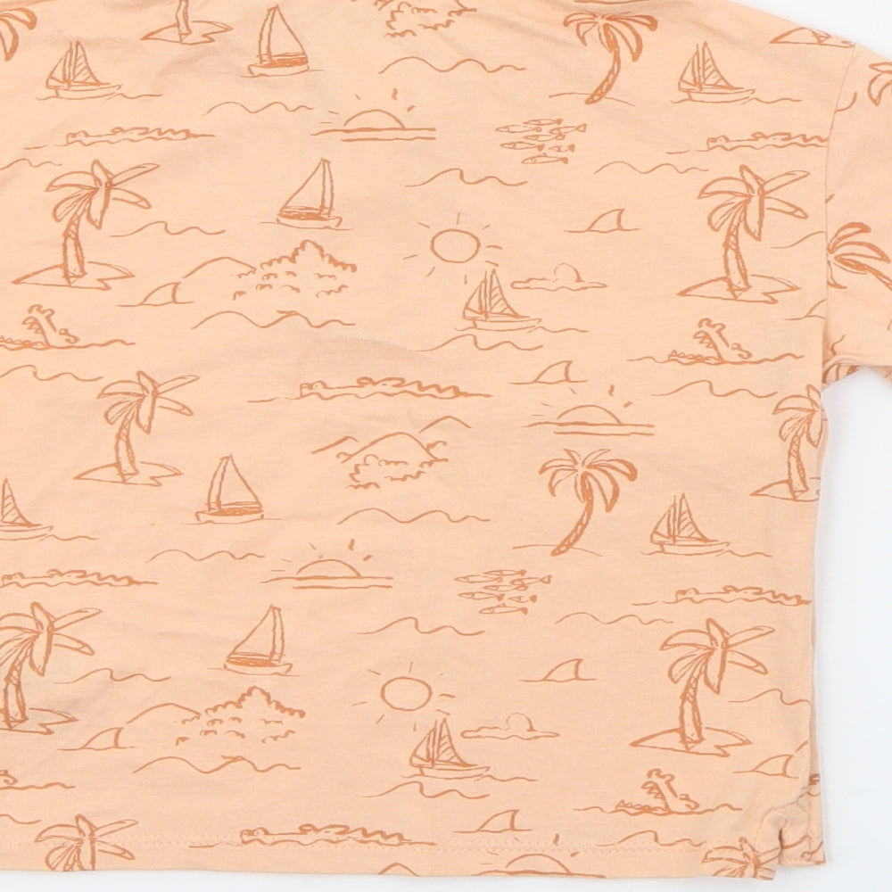 Brand and care label for H&M boys’ orange geometric cotton pullover polo, size 3, years collared button