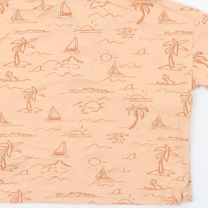 Brand and care label for H&M boys’ orange geometric cotton pullover polo, size 3, years collared button