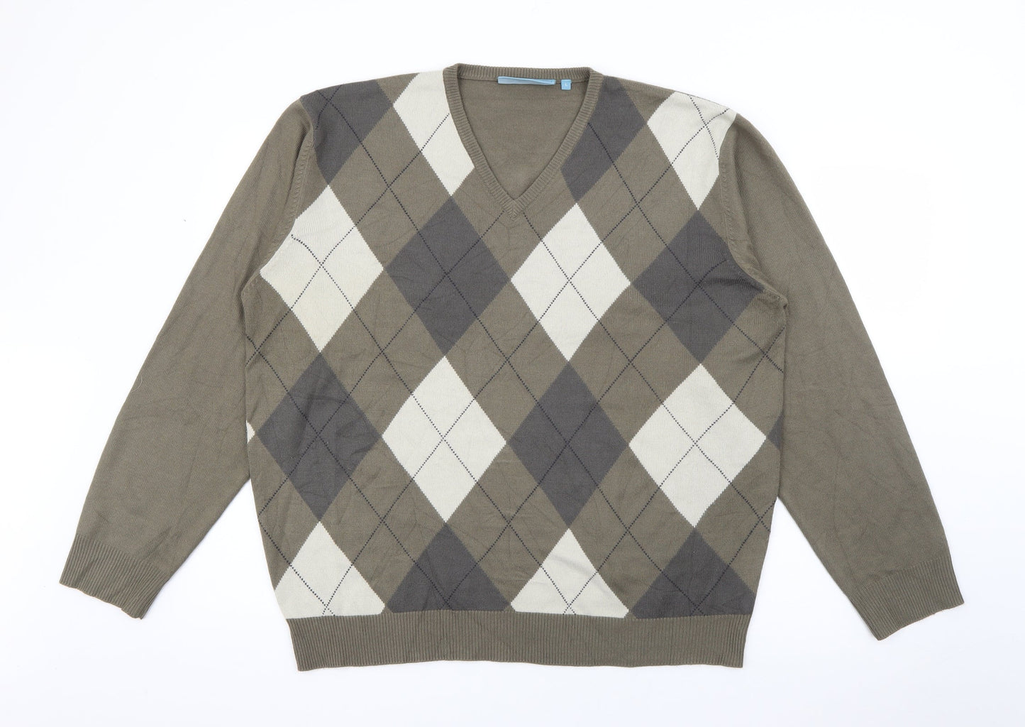 Greenwoods Escape Mens Green V-Neck Argyle/Diamond Acrylic Pullover Jumper Size L